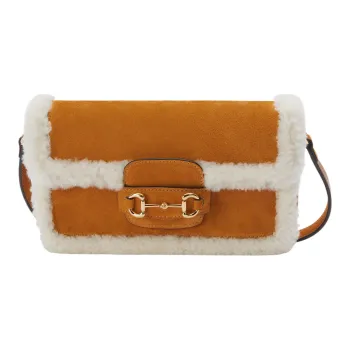 GUCCI Horsebit 1955 Suede With Shearling Handbag Shoulder Bag Women's Light Brown