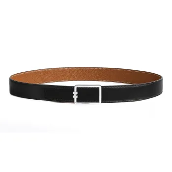 HERMES Calfskin Palladium Plated Metal Leather Belts Unisex Black/Brown Width  3.2cm