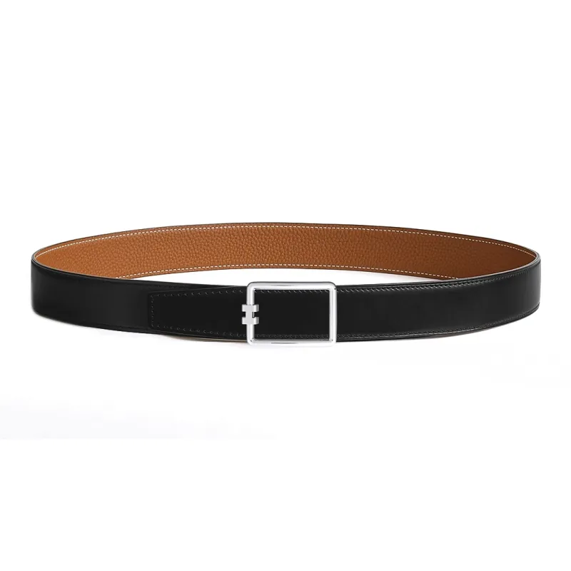 HERMES Tube H Calfskin, Palladium Plated Metal Leather Belts Unisex Black/Brown Width 3.2cm-0