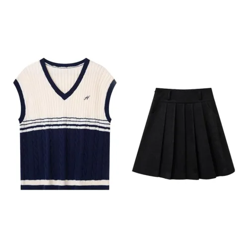 He Xiaoqi Two Piece Skirt Sets Women's Set Navy Blue Cream White Top+Dark Gray Bottom