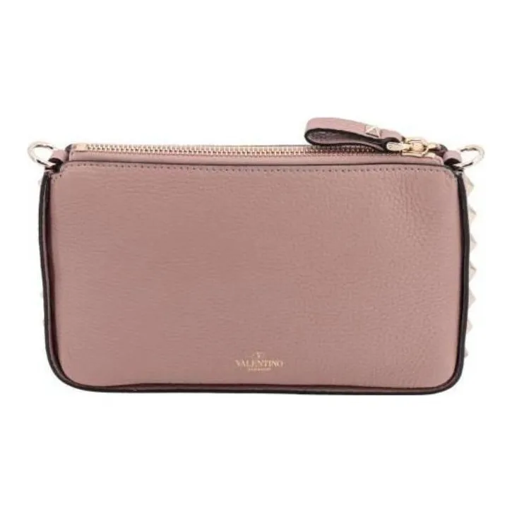 Valentino Rockstud Grained Calfskin One Shoulder Crossbody Clutches Women's Beige Pink-1