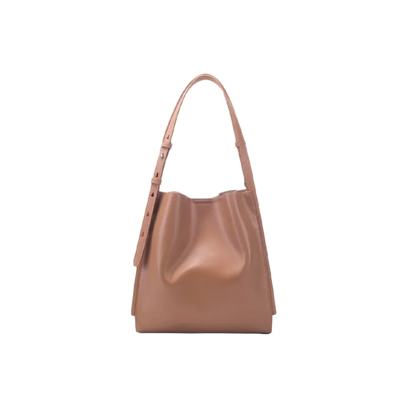 BAMPO Top Grain Cow Leather Bucket Bag, Portable Crossbody Bag, Shoulder Bag Medium Size Women's Tea Brown-0