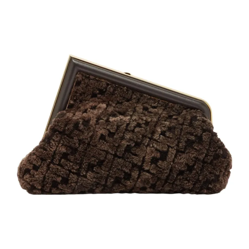FENDI Sheepskin One Shoulder Crossbody Clutch Regular Women's Dark Brown-2
