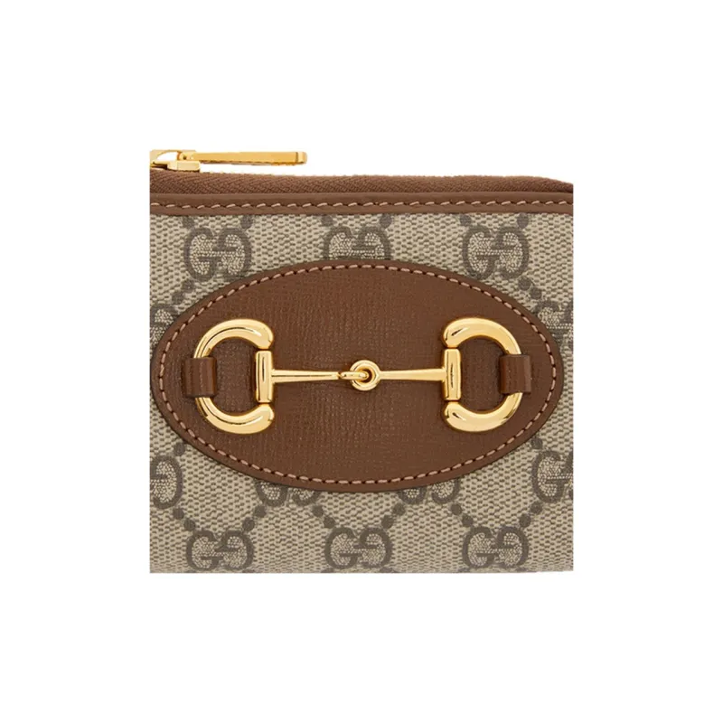 GUCCI Horsebit 1955 Canvas With Leather Card Holder Wallet Women's Ebony/Brown-3