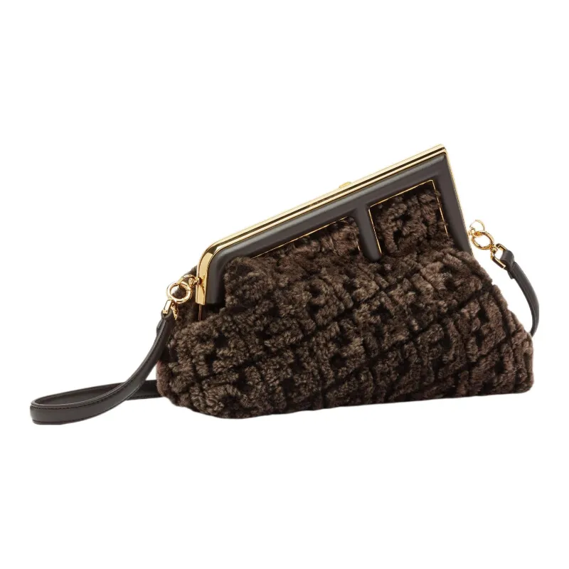 FENDI Sheepskin One Shoulder Crossbody Clutch Regular Women's Dark Brown-1