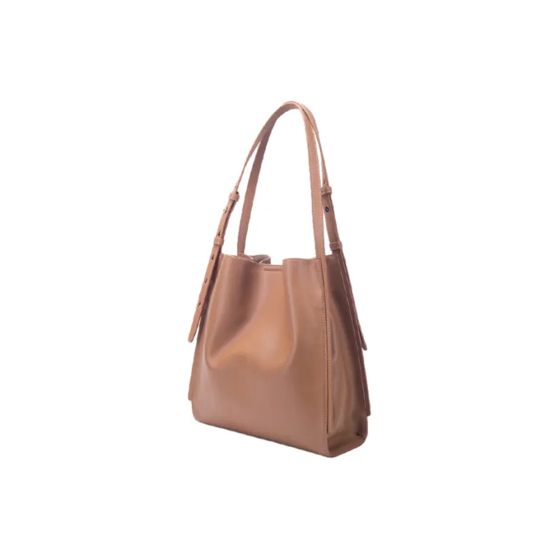 BAMPO Top Grain Cow Leather Bucket Bag, Portable Crossbody Bag, Shoulder Bag Medium Size Women's Tea Brown-1