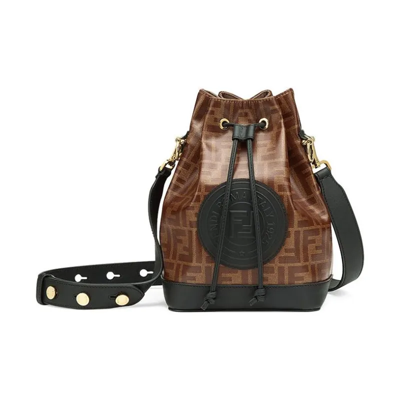 FENDI Mon Tresor Calfskin With Cotton Blend Bucket Bags Shoulder Bag Crossbody Bag Small Size Women's Brown/Black-0