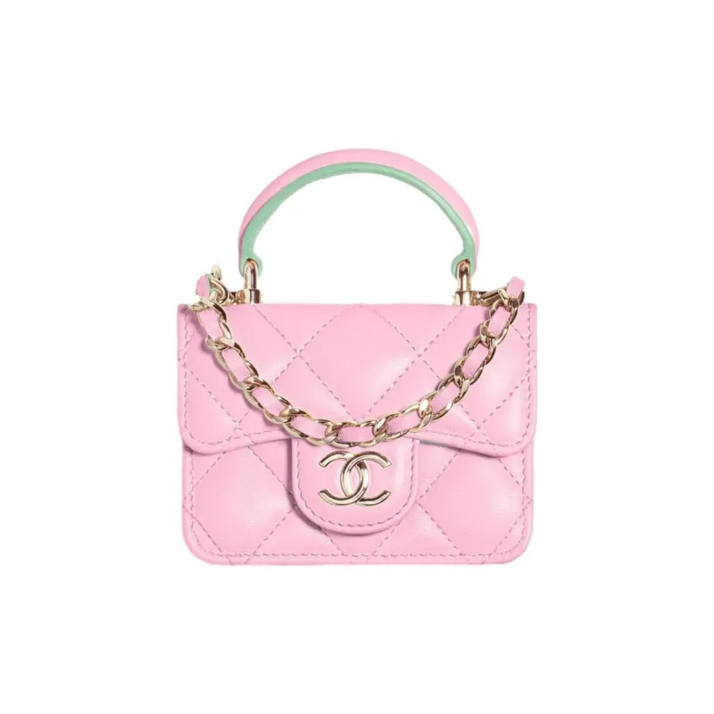 CHANEL Sheepskin Coin Purse, Mini Bag, Handbag, Shoulder Bag, Crossbody Bag Mini Women's Pink Green Multicolor-0