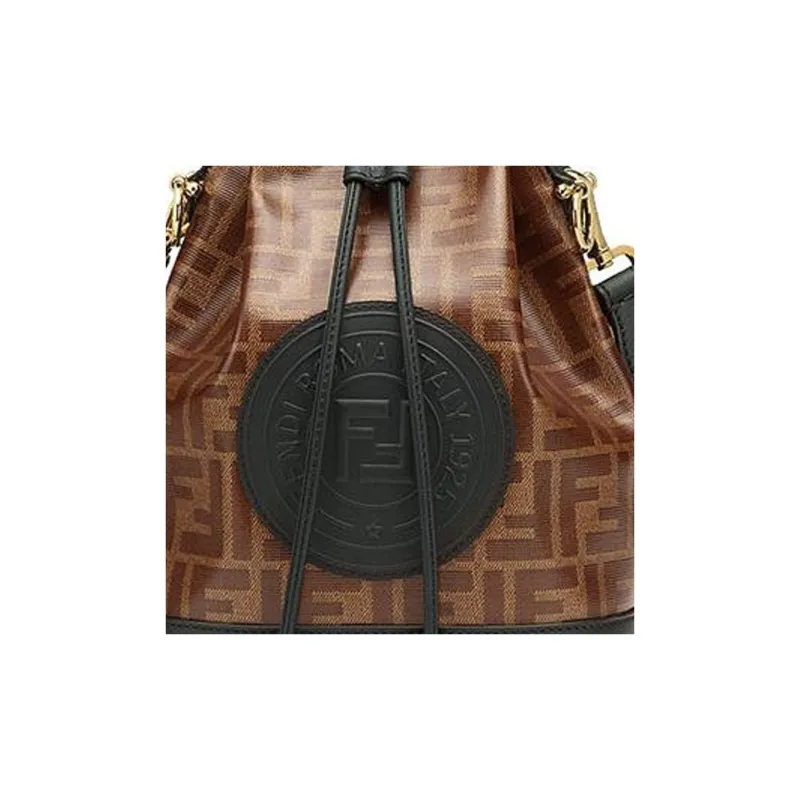 FENDI Mon Tresor Calfskin With Cotton Blend Bucket Bags Shoulder Bag Crossbody Bag Small Size Women's Brown/Black-4