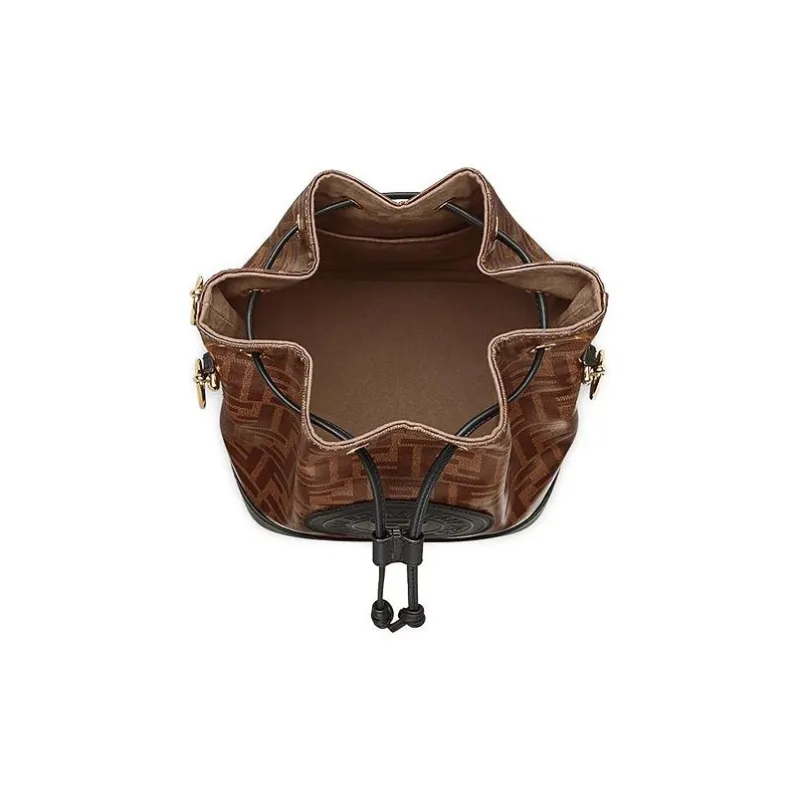 FENDI Mon Tresor Calfskin With Cotton Blend Bucket Bags Shoulder Bag Crossbody Bag Small Size Women's Brown/Black-3