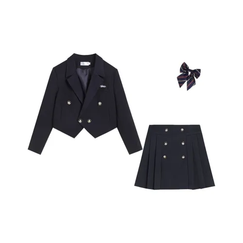 Ice cream and whale Uniform Women's Preppy Style Cropped Set - Indigo+Gift Navy Blue Bow Tie