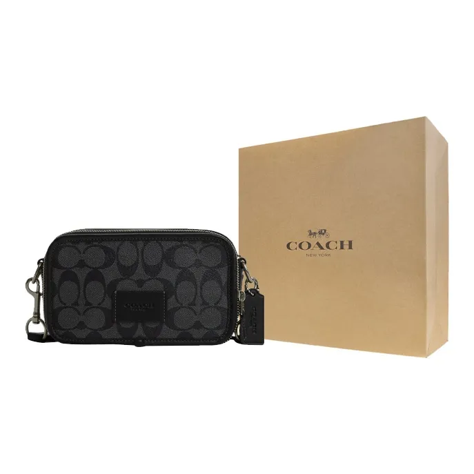 COACH Signature Coated Canvas With Smooth Calfskin Shoulder Bag, Crossbody Bag Men's Black-4