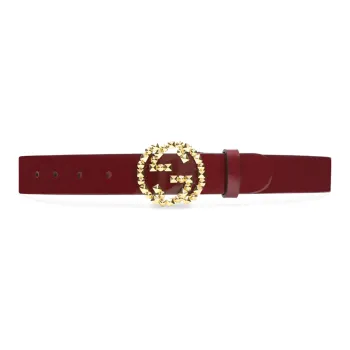 GUCCI Stud Double G Decoration Smooth Buckle Leather Belts Women's Burgundy Width: 3cm
