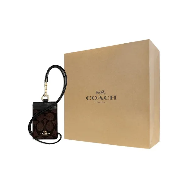 COACH Lanyard Coated Canvas Leather Card Holder Women's Black Brown-6