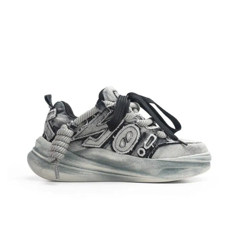 NOCOPY Cushioning Height Increasing Wear Resistant Slip Resistant Low Top Chunky Sneakers Unisex Washed Black-1