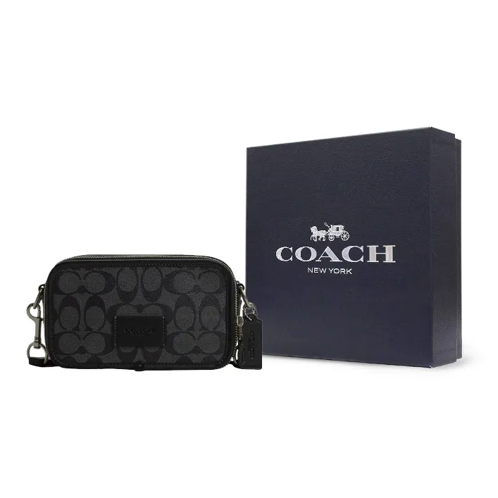 COACH Signature Coated Canvas With Smooth Calfskin Shoulder Bag, Crossbody Bag Men's Black-5