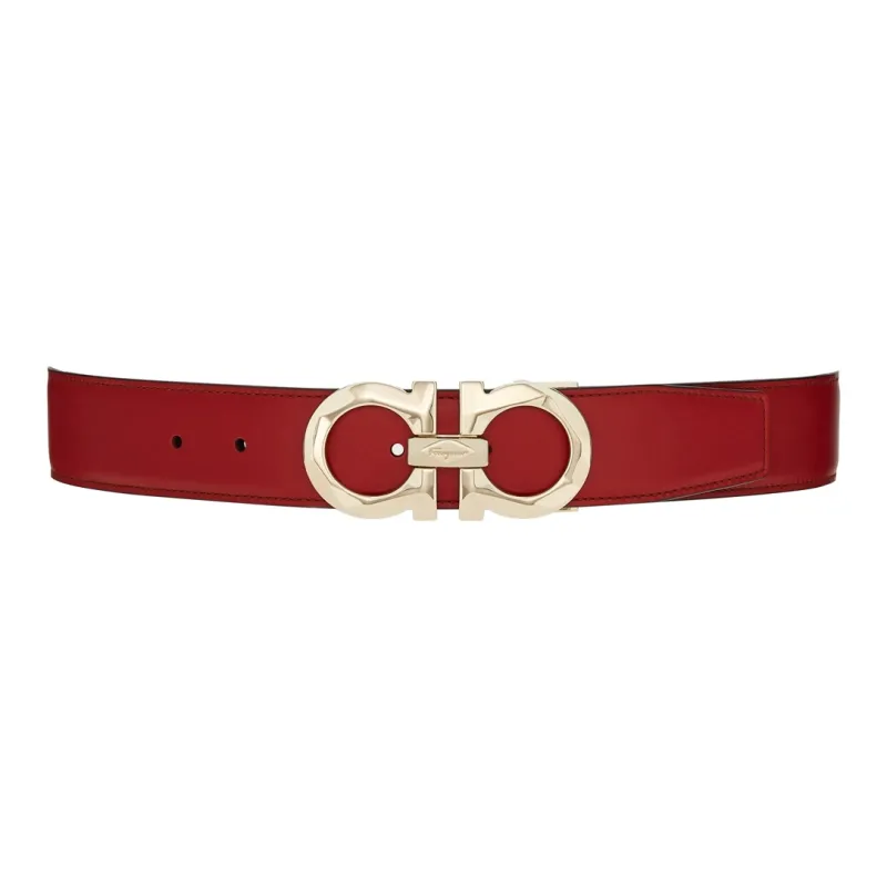 FERRAGAMO Double-Sided Etched Emblem Decoration Smooth Buckle Leather Belts Men's Red Width: 3.5cm-0