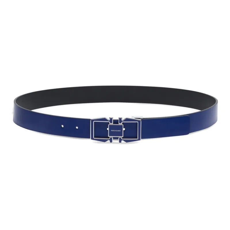 FERRAGAMO Logo Emblem Smooth Buckle Leather Belts Men's Blue Width  3.2cm-1