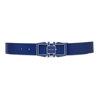 FERRAGAMO Logo Emblem Smooth Buckle Leather Belts Men's Blue Width  3.2cm