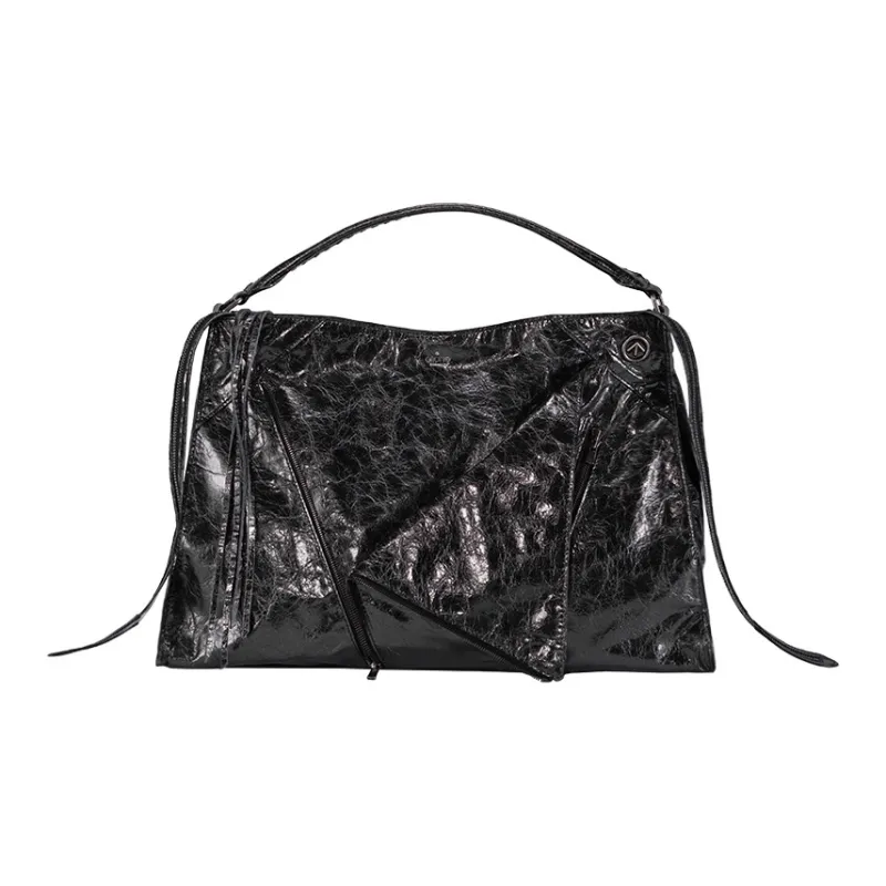 GROTTO Cow Leather Patchwork With Sheepskin Shoulder Bag Crossbody Bag Handbags Large Size Unisex Night Silver-3