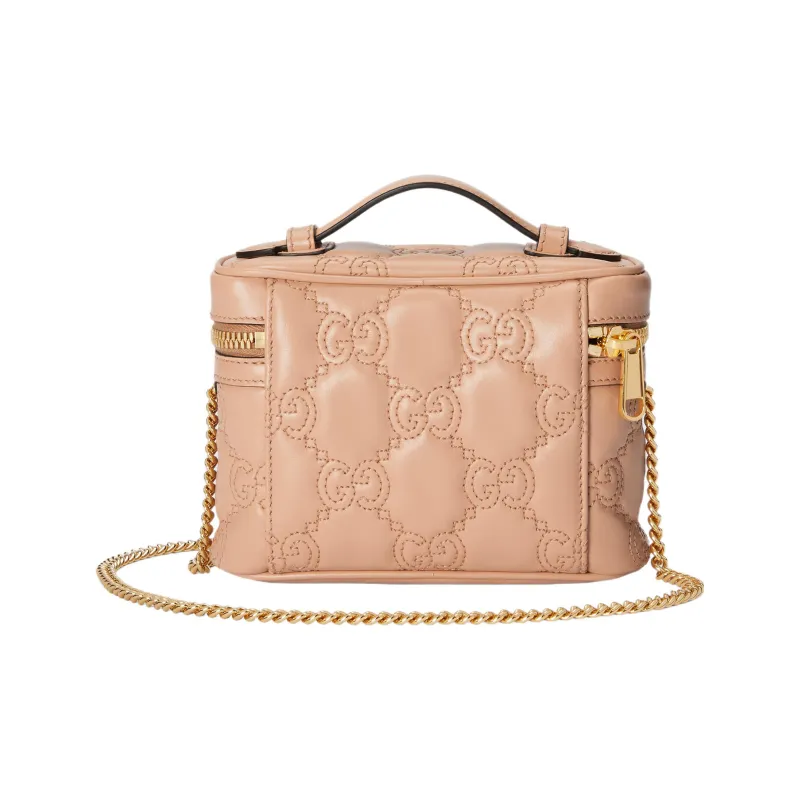 GUCCI GG Matelassé Leather Handle Bag, Makeup Box, Shoulder Bag, Crossbody Bag, Handbag Mini Women's Rose Beige-3