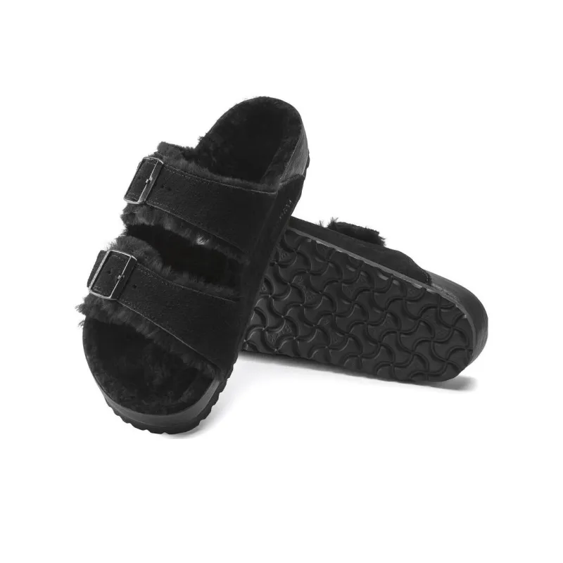 Birkenstock Arizona Shearling Massage Antibacterial Slide Slippers Unisex Black Narrow Fit-5