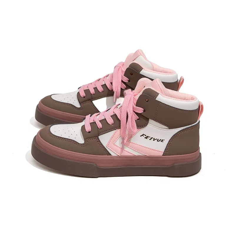Feiyue High Top Skateboard Shoes Women's Beige/Brown/Light Pink-4