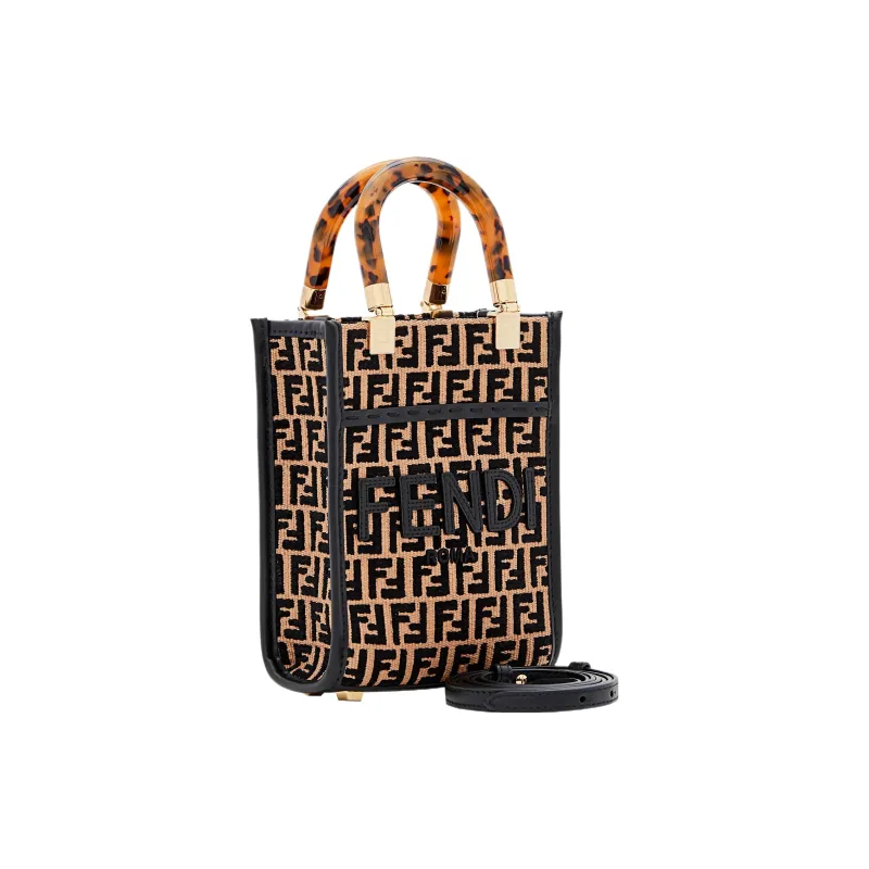 FENDI Sunshine Cotton With Nylon Tote Bag Shopping Bag Shoulder Bag Crossbody Bag Handbag Mini Women's Black & Beige-1