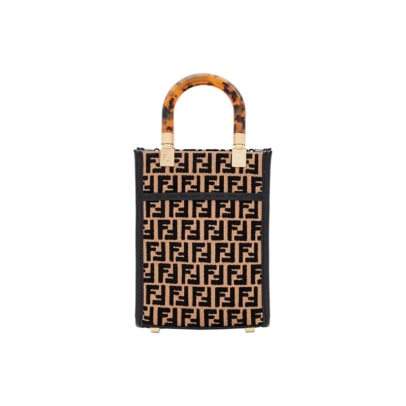 FENDI Sunshine Cotton With Nylon Tote Bag Shopping Bag Shoulder Bag Crossbody Bag Handbag Mini Women's Black & Beige-2