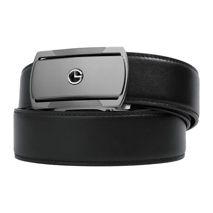 GOLDLION Finely Engraved 3D Effect Logo Business Stainless Steel Buckle Top Layer Cow Leather Belts Men's Black 3.5cm-1