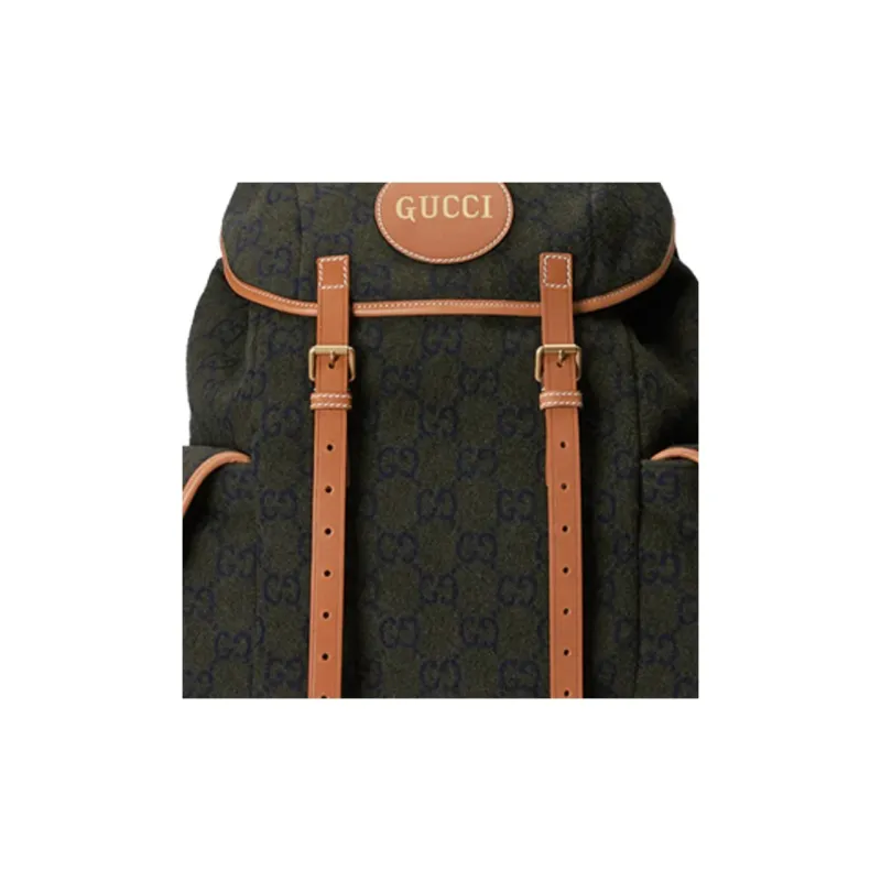 GUCCI Wool Patchwork Leather Backpack Unisex Dark Green/Brown-6