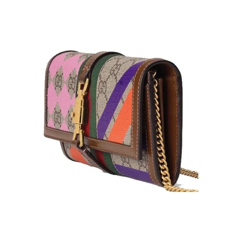GUCCI Jackie 1961 Canvas With Leather WOC Chain Bag Shoulder Bag Crossbody Bag Small Size Women's Pink Brown Multicolor-7