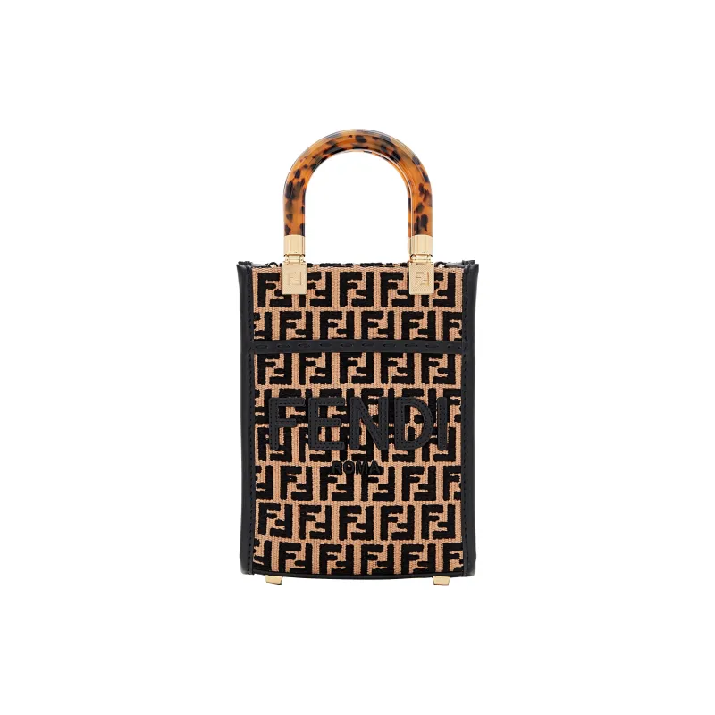 FENDI Sunshine Cotton With Nylon Tote Bag Shopping Bag Shoulder Bag Crossbody Bag Handbag Mini Women's Black & Beige-0