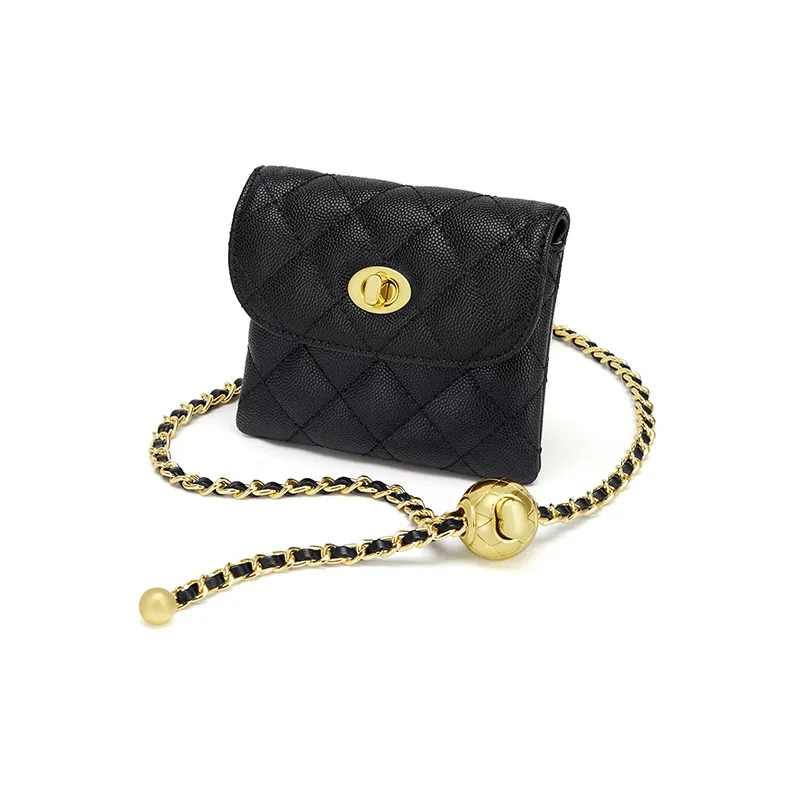 Simvay Clos Cow Leather Patchwork With Microfiber Synthetic Leather Crossbody Bag Chain Fanny Pack Mini Women's Black-2