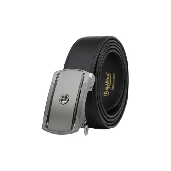 GOLDLION Finely Engraved 3D Effect Logo Business Stainless Steel Buckle Top Layer Cow Leather Belts Men's Black 3.5cm