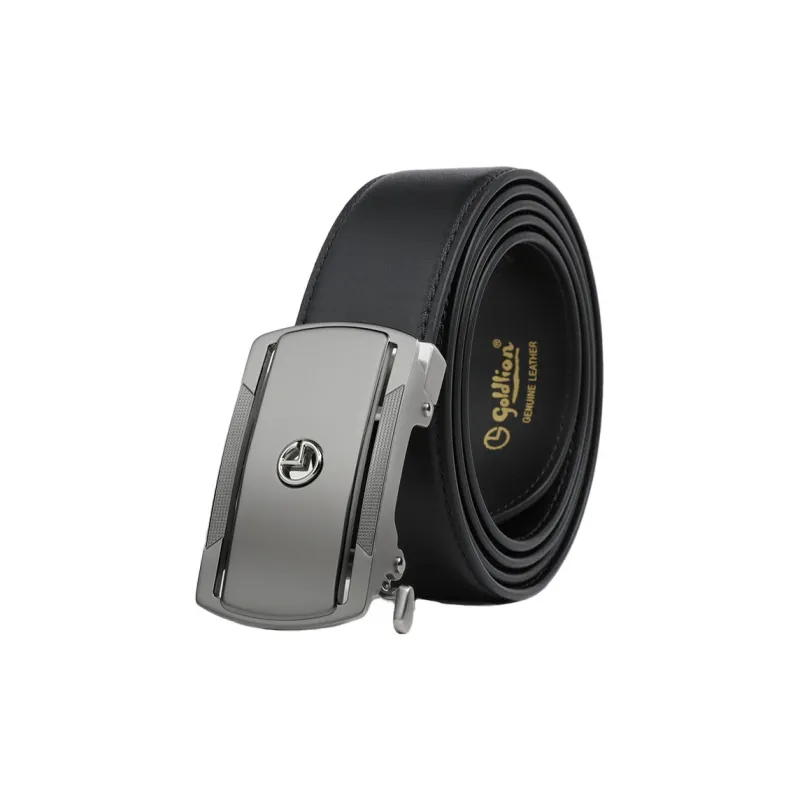 GOLDLION Finely Engraved 3D Effect Logo Business Stainless Steel Buckle Top Layer Cow Leather Belts Men's Black 3.5cm-0