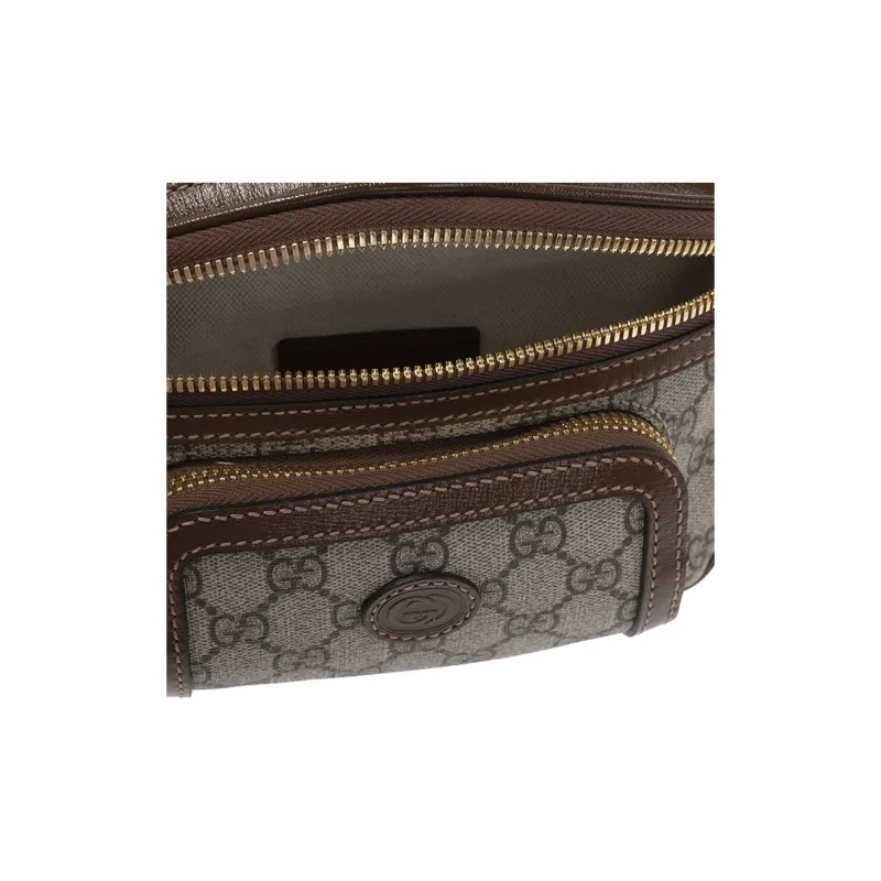 GUCCI Canvas With Leather Sling Bag, Fanny Pack Regular Unisex Ebony/Brown-3