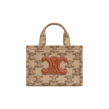 CELINE Cabas Thais Fabric Cow Leather Patchwork Tote Bag Shopping Bag Handbag Small Size Women's Camel