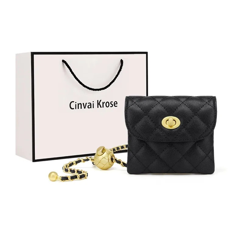 Simvay Clos Cow Leather Patchwork With Microfiber Synthetic Leather Crossbody Bag Chain Fanny Pack Mini Women's Black-0