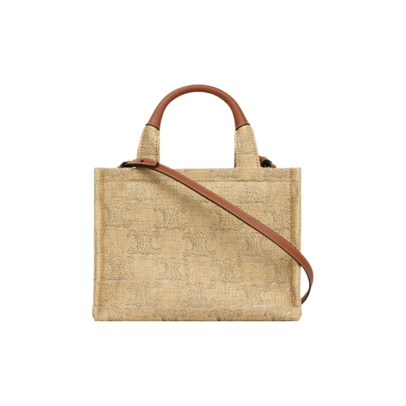CELINE Cabas Thais Fabric Tote Bag, Shopping Bag, Handbag Trumpets Women's Natural & Camel-2
