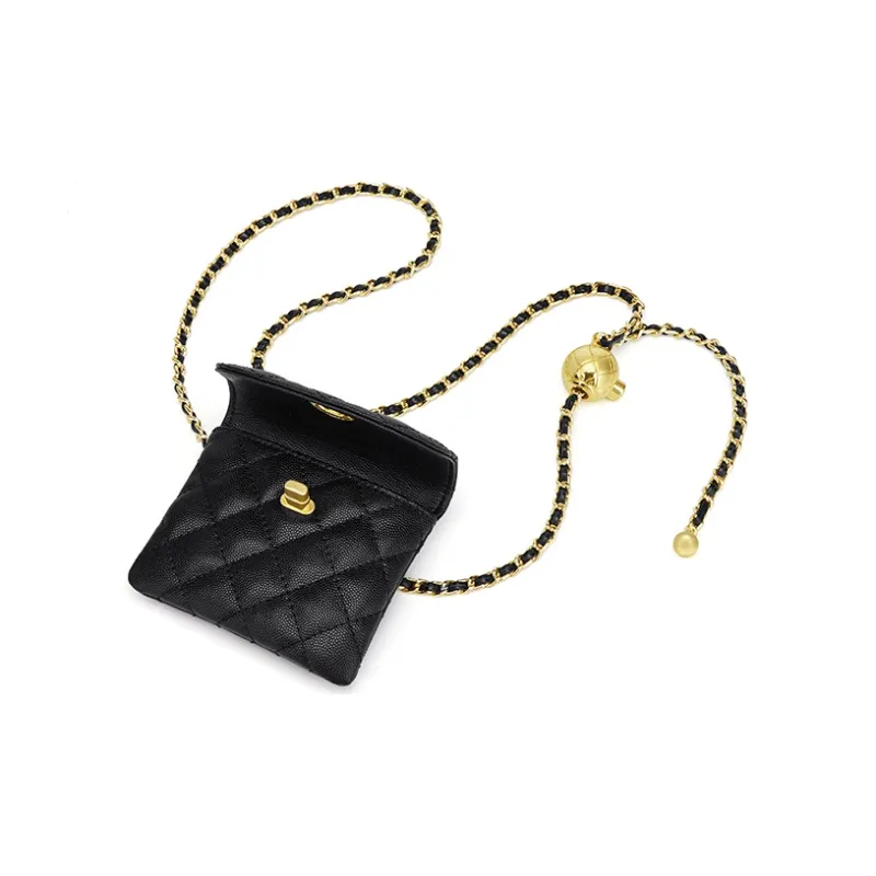 Simvay Clos Cow Leather Patchwork With Microfiber Synthetic Leather Crossbody Bag Chain Fanny Pack Mini Women's Black-4