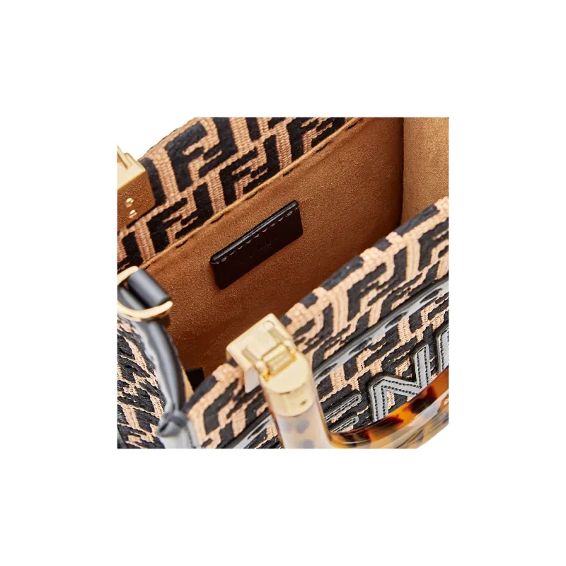 FENDI Sunshine Cotton With Nylon Tote Bag Shopping Bag Shoulder Bag Crossbody Bag Handbag Mini Women's Black & Beige-3