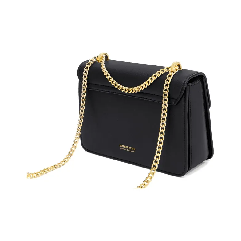 MAKEUP KITTEN With Cow Leather Small Square Bag, Crossbody Bag, Shoulder Bag Women's Black-3