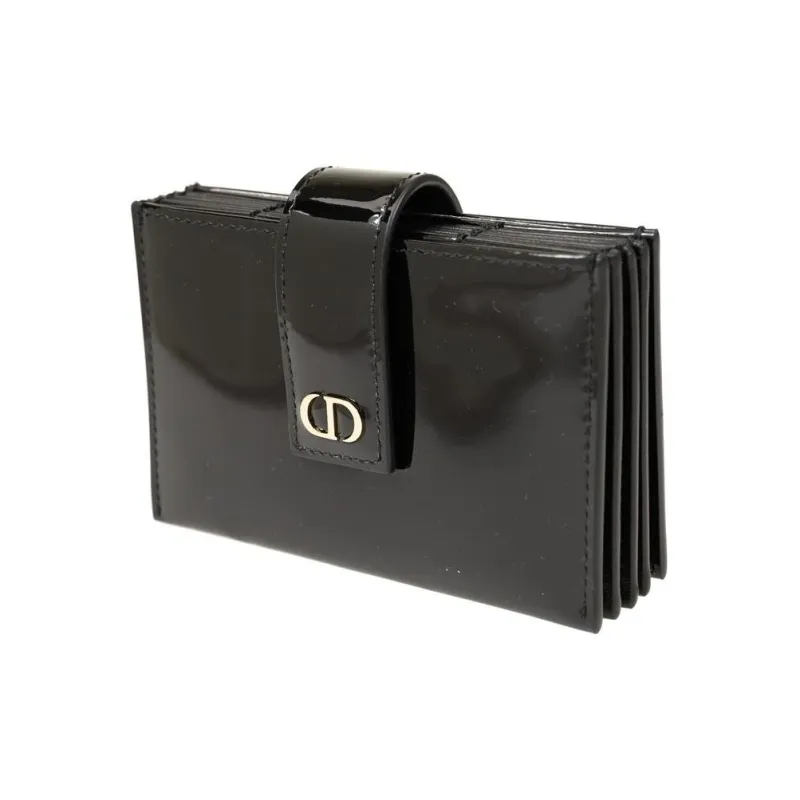 DIOR 30 Montaigne Patent Leather Cowhide Card Holder Wallet Small Size Women's Black-1