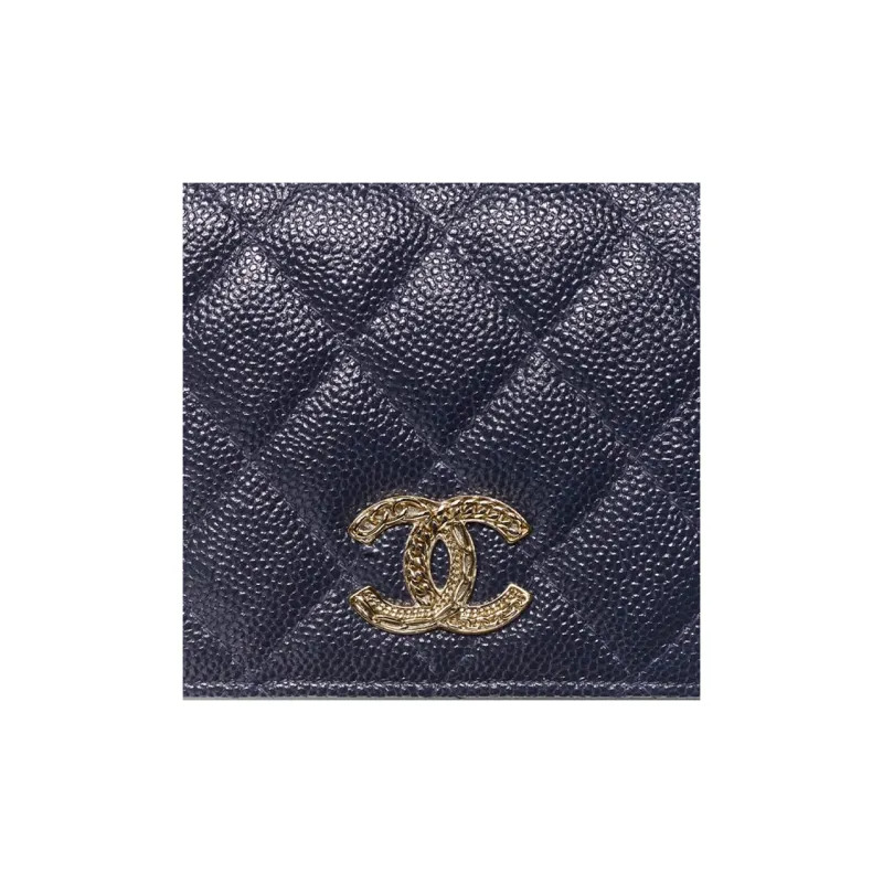 CHANEL 22K Autumn And Winter Grain Embossed Caviar Calfskin Wallet Trumpets Women's Dark Blue-3