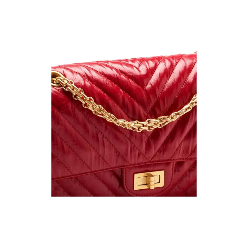 CHANEL 22K Fall Winter 2.55 Bright Pleated Calfskin Shoulder Bag, Crossbody Bag Women's Red-3