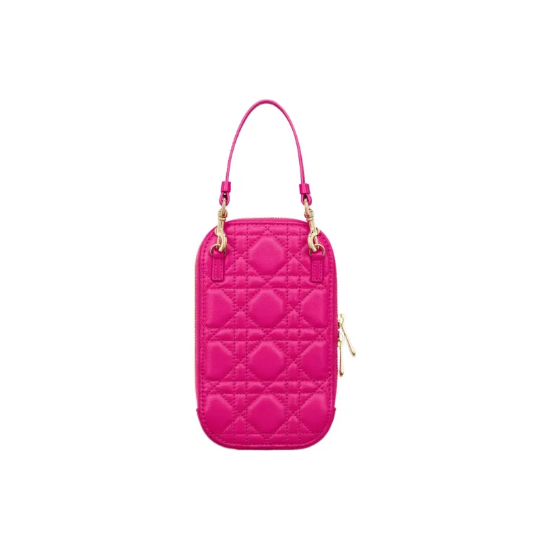 DIOR Lady Dior Sheepskin Portable One Shoulder Crossbody Cell Phone Pouch Women's Pink-3