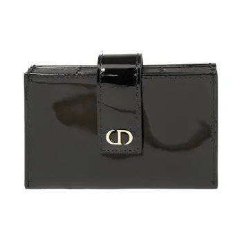DIOR 30 Montaigne Patent Leather Cowhide Card Holder Wallet Small Size Women's Black