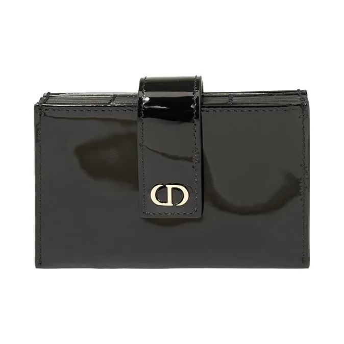 DIOR 30 Montaigne Patent Leather Cowhide Card Holder Wallet Small Size Women's Black-0