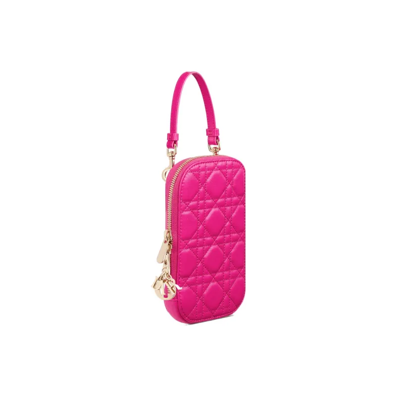 DIOR Lady Dior Sheepskin Portable One Shoulder Crossbody Cell Phone Pouch Women's Pink-2